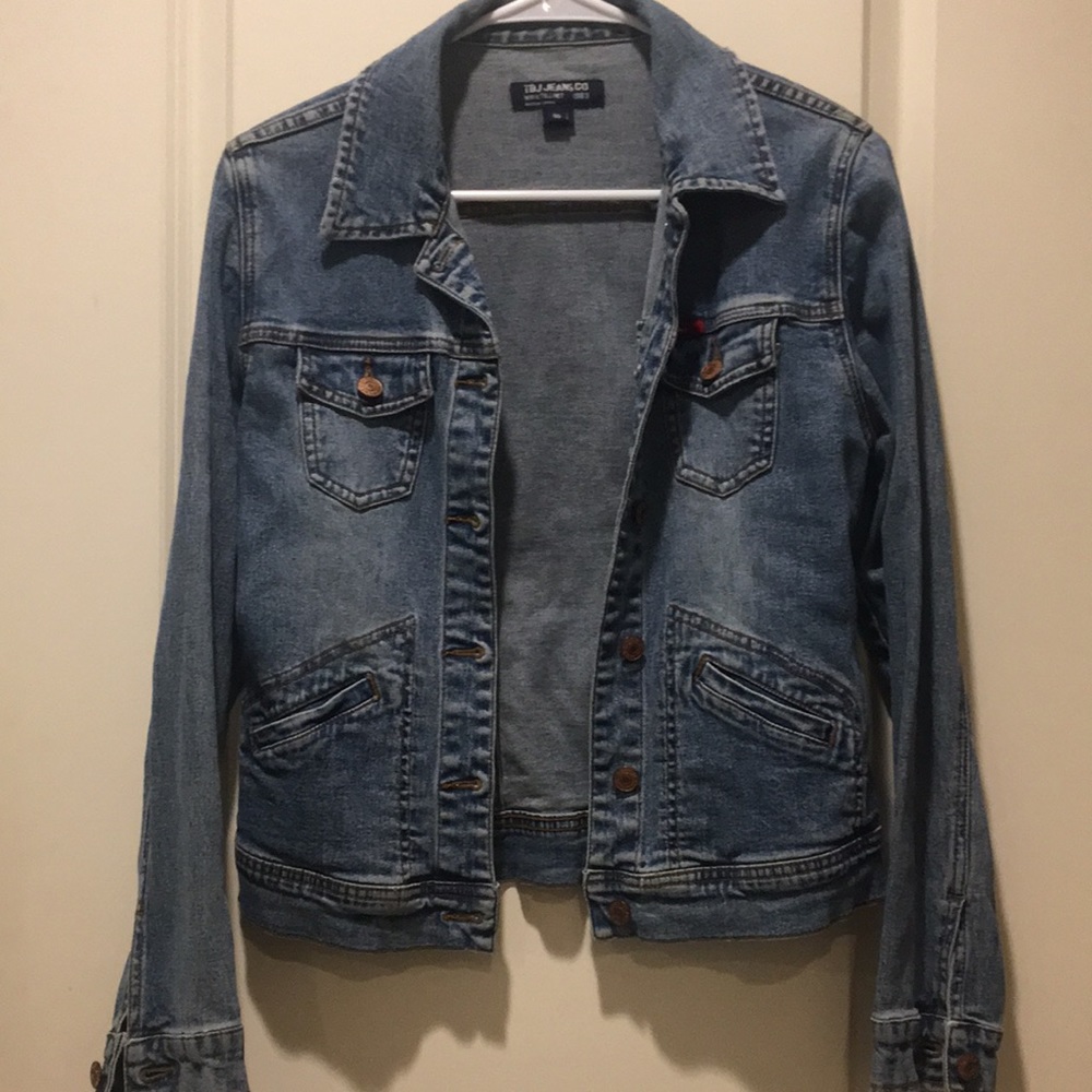 TBJ Co kid Vintage stonewash distress Jean denim jacket stretchy pockets size 95